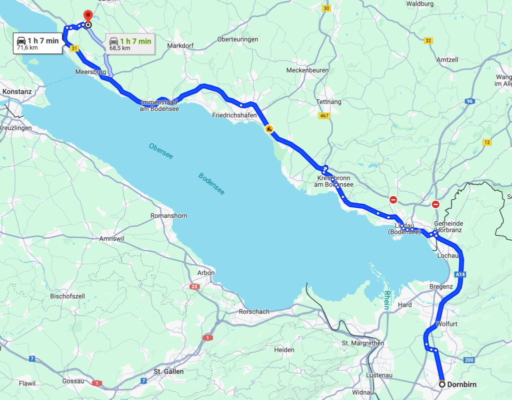 Auf dem Bild sieht man eine Karte, die die Route von Dornbirn (Österreich) nach Uhldingen-Mühlhofen zeigt, mit einem markierten Weg am Bodensee entlang.
