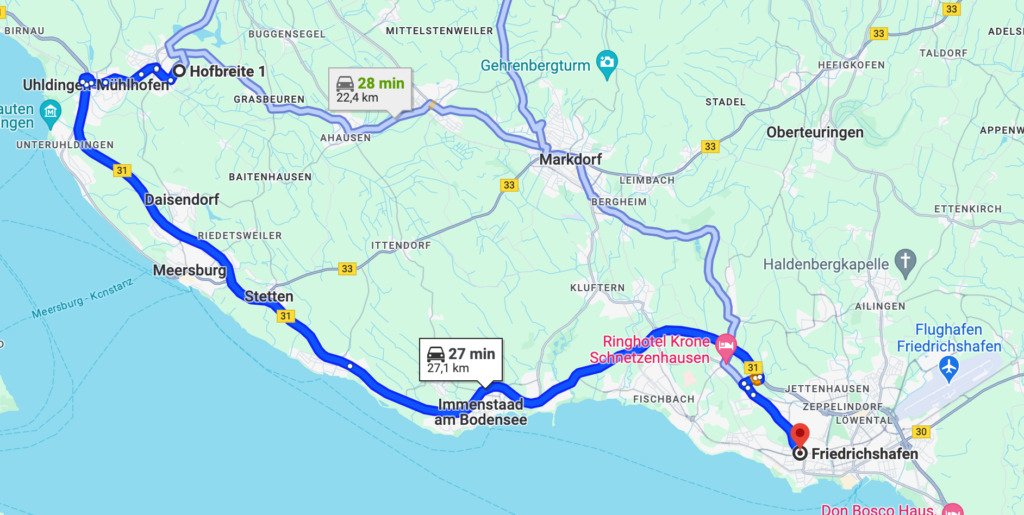 Auf dem Bild sieht man eine Karte, die die Route von Friedrichshafen nach Uhldingen-Mühlhofen zeigt, mit einem markierten Weg am Bodensee entlang.