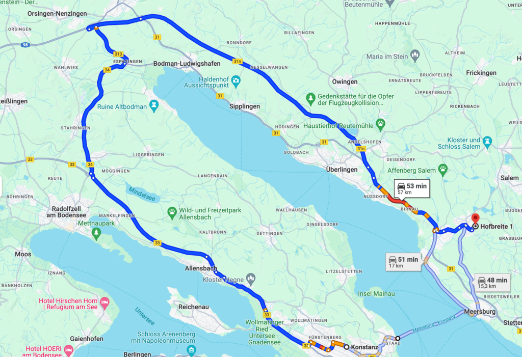 Auf dem Bild sieht man eine Karte, die die Route von Konstanz nach Uhldingen-Mühlhofen zeigt, mit einem markierten Weg um den Bodensee.