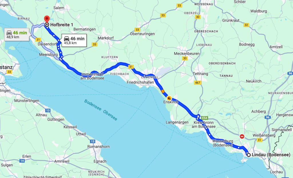 Auf dem Bild sieht man eine Karte, die die Route von Lindau nach Uhldingen-Mühlhofen zeigt, mit einem markierten Weg am Bodensee entlang.