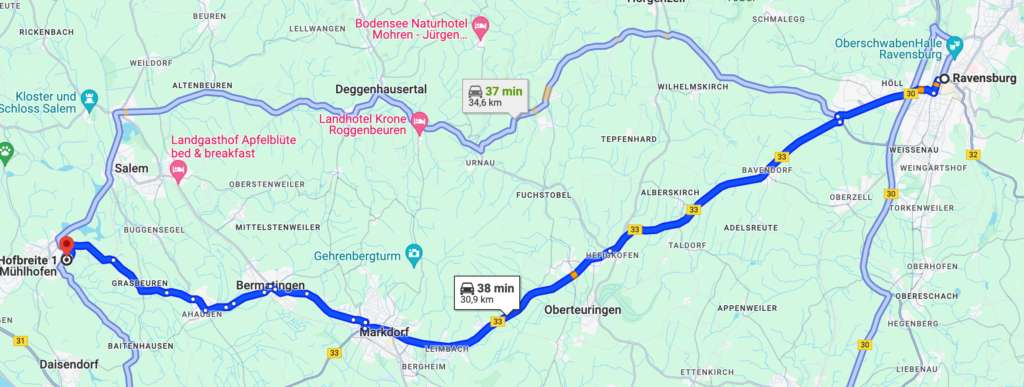 Auf dem Bild sieht man eine Karte, die die Route von Ravensburg nach Uhldingen-Mühlhofen zeigt, mit einem markierten Weg an den Orten Bevendorf, Hefigkofen, Markdorf, Bermatingen, Ahausen und Grasbeuren entlang.