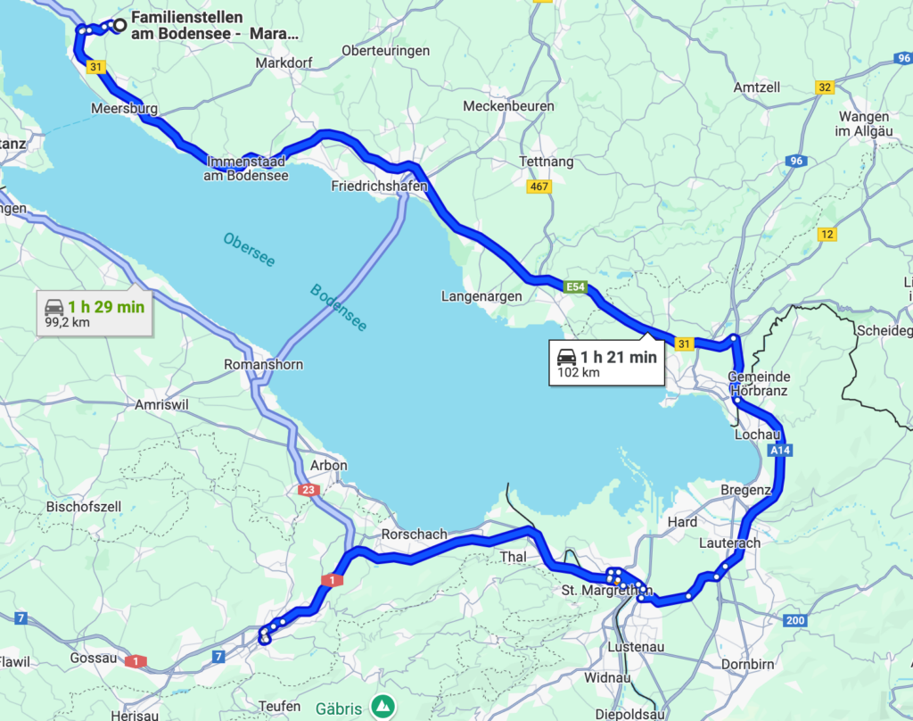 Routenbeschreibung von St. Gallen nach Familienstellen am Bodensee in Uhldingen-Mühlhofen mit dem Auto: Start auf der A1/E60 Richtung Sankt Margrethen, weiter über die E43 nach Österreich, dann auf die A14 Ausfahrt 12-Wolfurt nehmen, und über die B31 Richtung Deutschland bis Uhldingen-Mühlhofen fahren. Zieladresse: Hofbreite 1, 88690 Uhldingen-Mühlhofen.