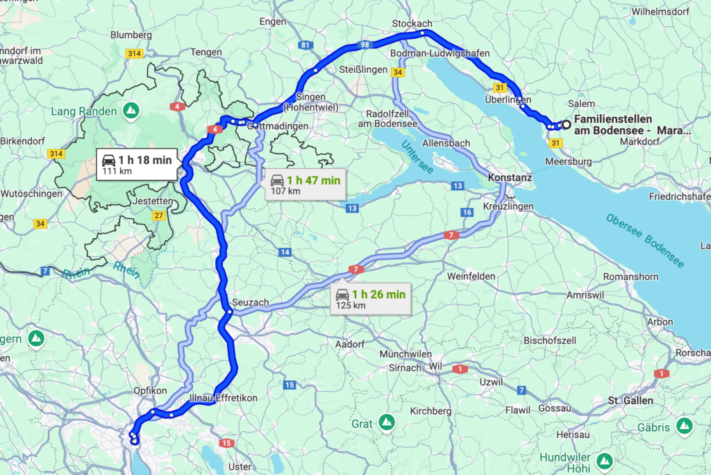 Routenbeschreibung von Zürich nach Familienstellen am Bodensee in Uhldingen-Mühlhofen mit dem Auto: Start auf der A1 in Richtung Schaffhausen, weiter über die A81 nach Deutschland, dann auf die A98 und B31n bis zur Ausfahrt Uhldingen-Mühlhofen. Zieladresse: Hofbreite 1, 88690 Uhldingen-Mühlhofen.